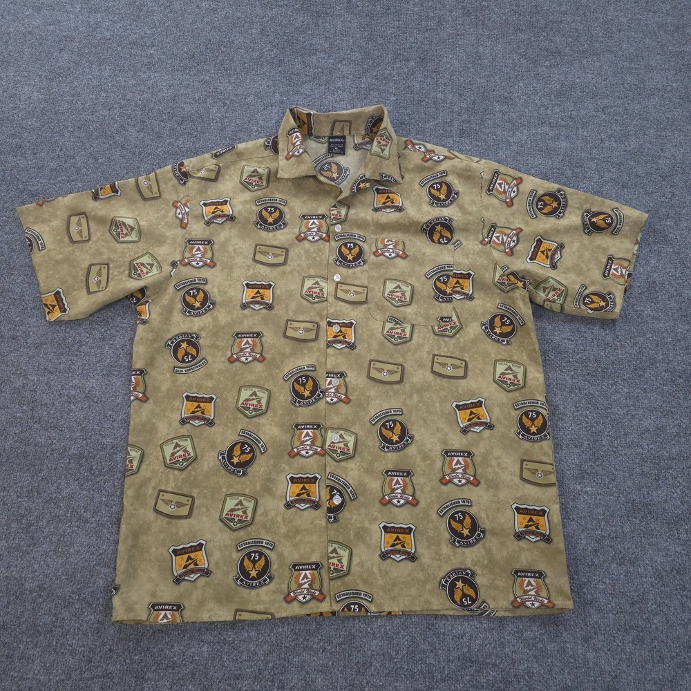 Avirex Shirt Mens XL Tan All Over Print Loop Collar Camp Hawaiian Beach Street
